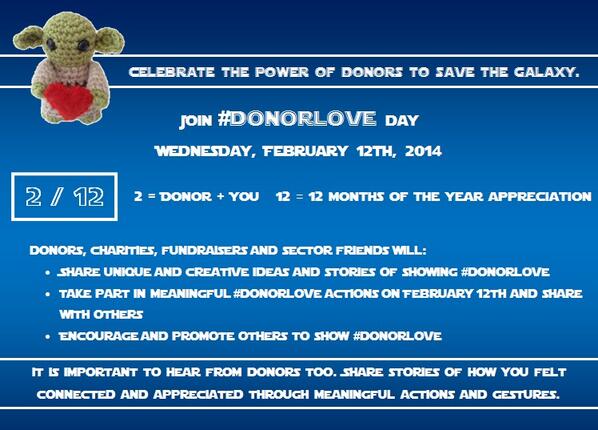 Join DonorLove Day 2024 on 12 February. Celebrate the power of donors to save the galaxy. Photo of a small knitted Yoda in the top left.