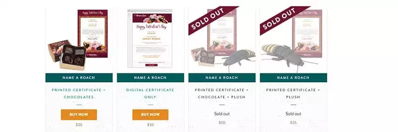 Cockroaches are nearly sold out on Bronx Zoo's Valentine's Day campaign page.