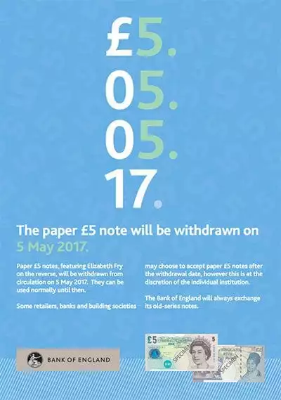 £5-note-withdrawal-poster Paper £5 note withdrawal poster - Bank of England