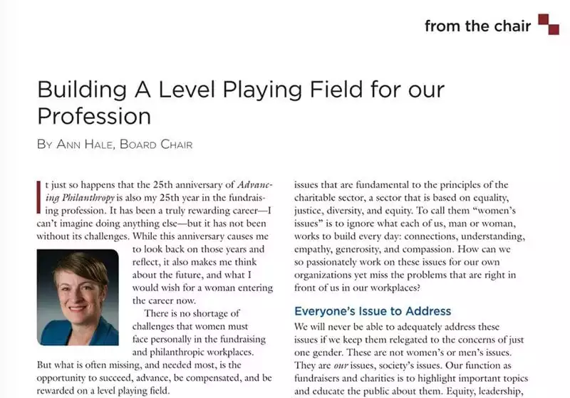Ann Hale article on harassment and equity - Advancing Philanthropy, Winter 2017