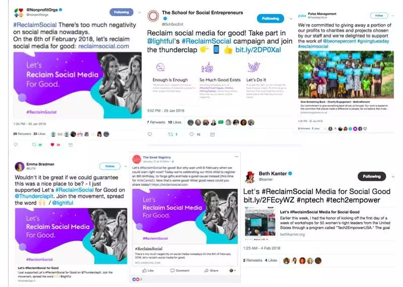 Examples of tweets supporting the #ReclaimSocial campaign