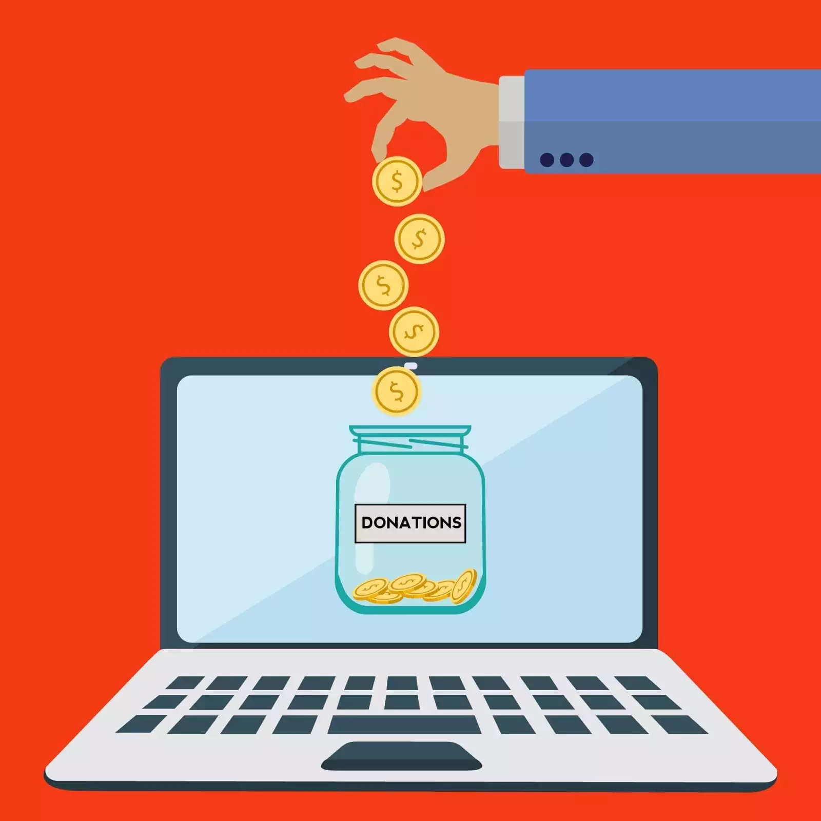 Online donations - coins dropped into a jar on a laptop screen