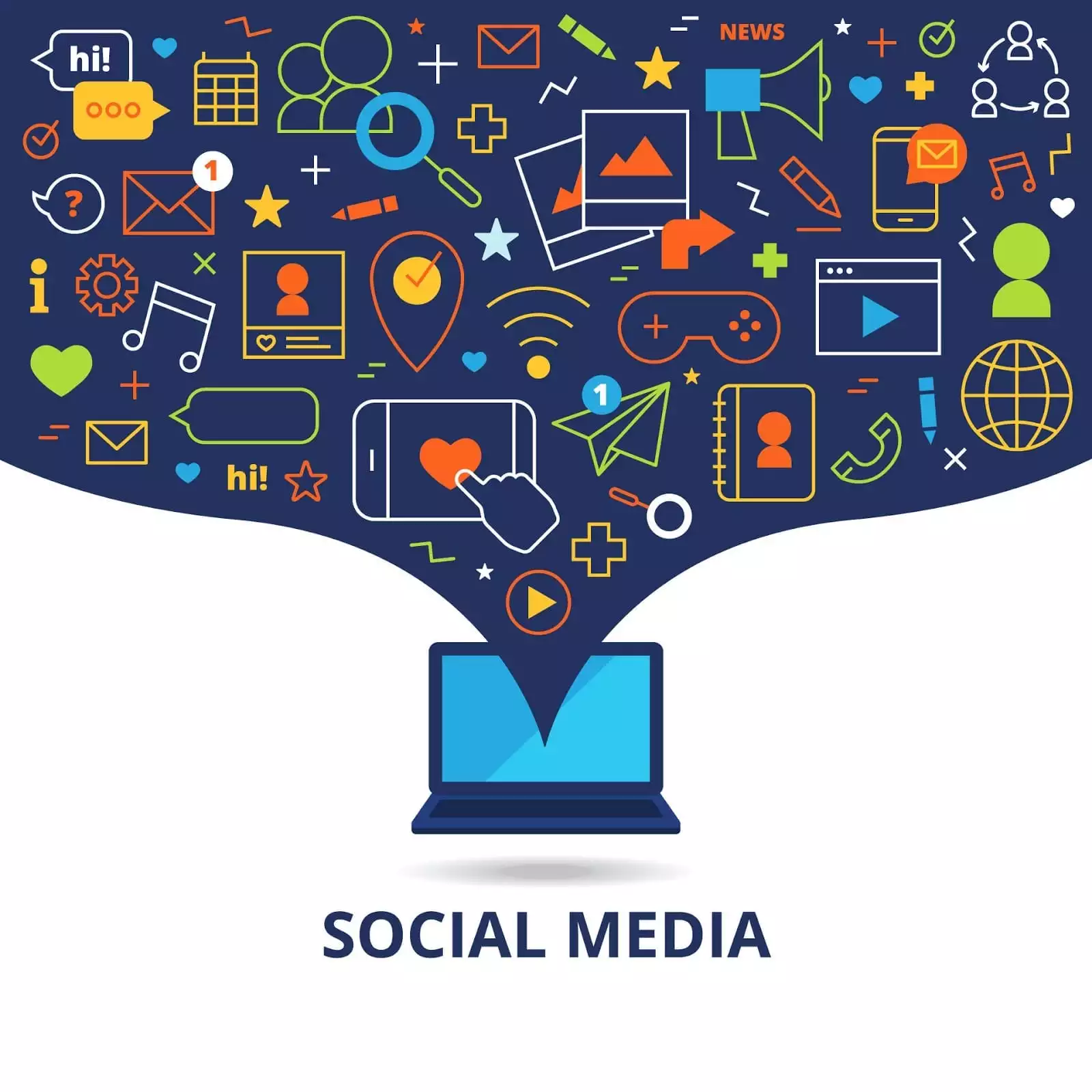 Social media icons in a cloud coming from a laptop