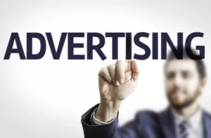 Advertising on Instagram Business man pointing to transparent board with text Advertising