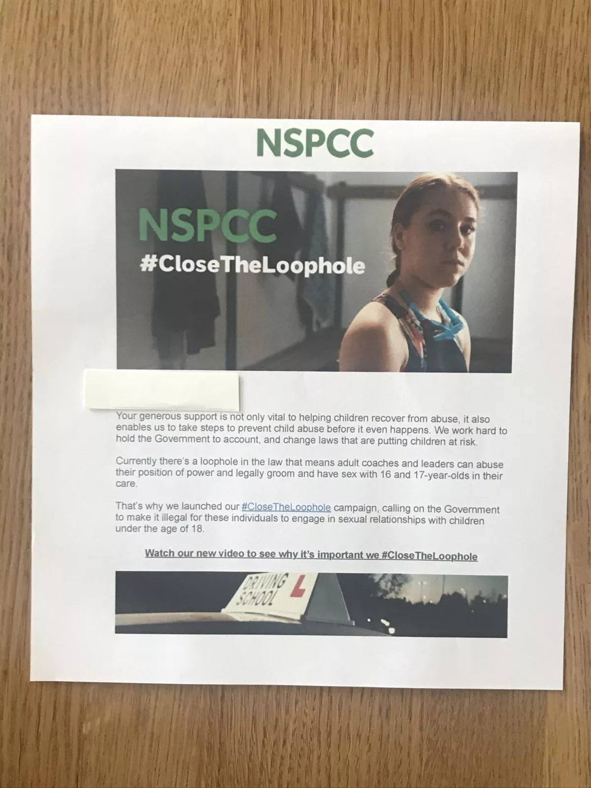NSPCC #CloseThatLoophole email sent to a secret giver