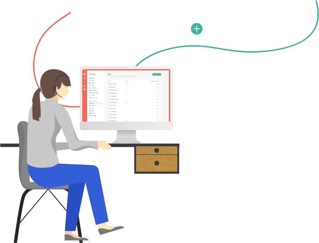 Graphic of woman with headphones at a desk with a screen