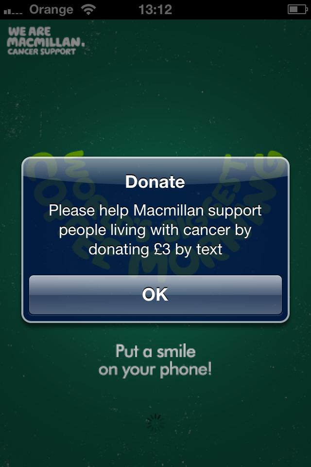 iPhone app from Macmillan for its 2010 World's Biggest Coffee Morning campaign. It invites you to donate £3 by text.
