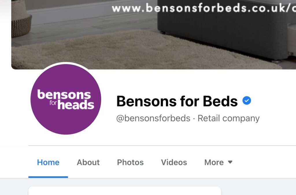 Screenshot of Bensons for Beds' Facebook page with Bensons for Heads logo.