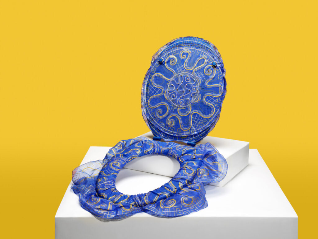 Designer Dame Zandra Rhodes toilet seat design for WaterAid x Rankin's Best Seat in the House for World Toilet Day