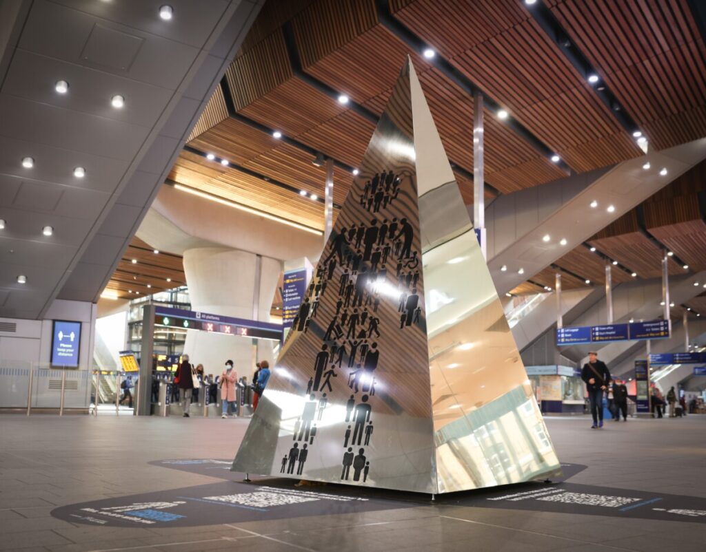A silver pyramid engraved with the names of those lost to prostate cancer
