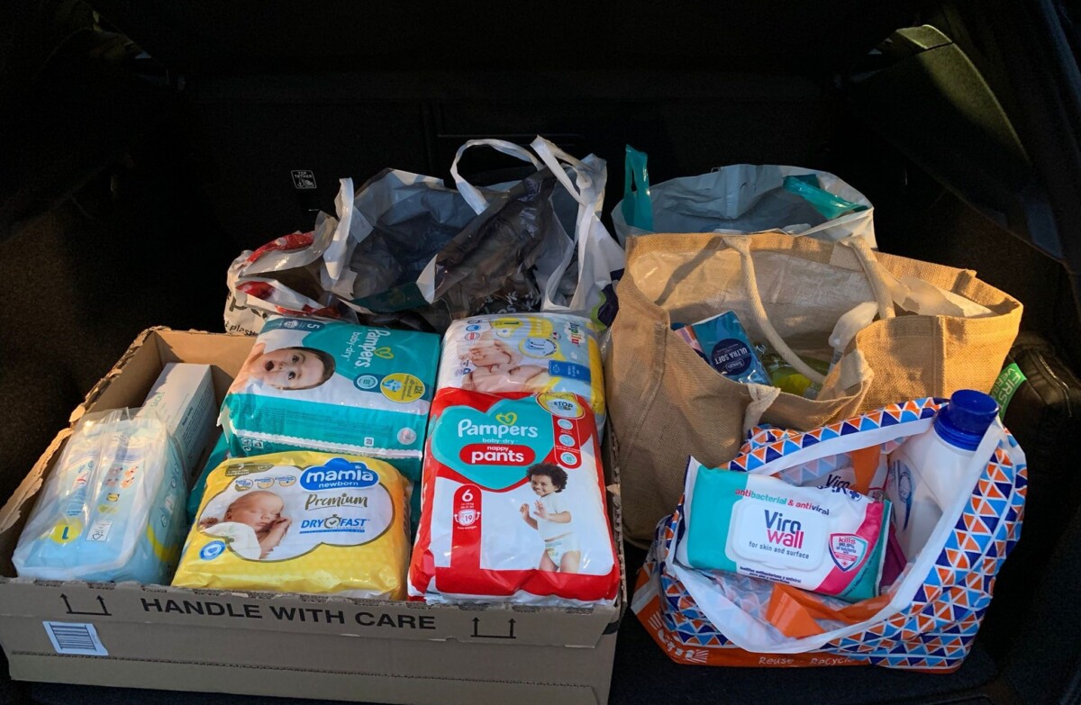 A box of donated nappies