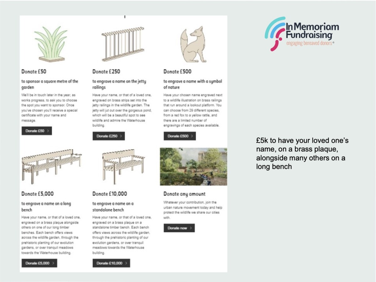 Natural History Museum in memory products, from a name on the jetty railings to a long bench.