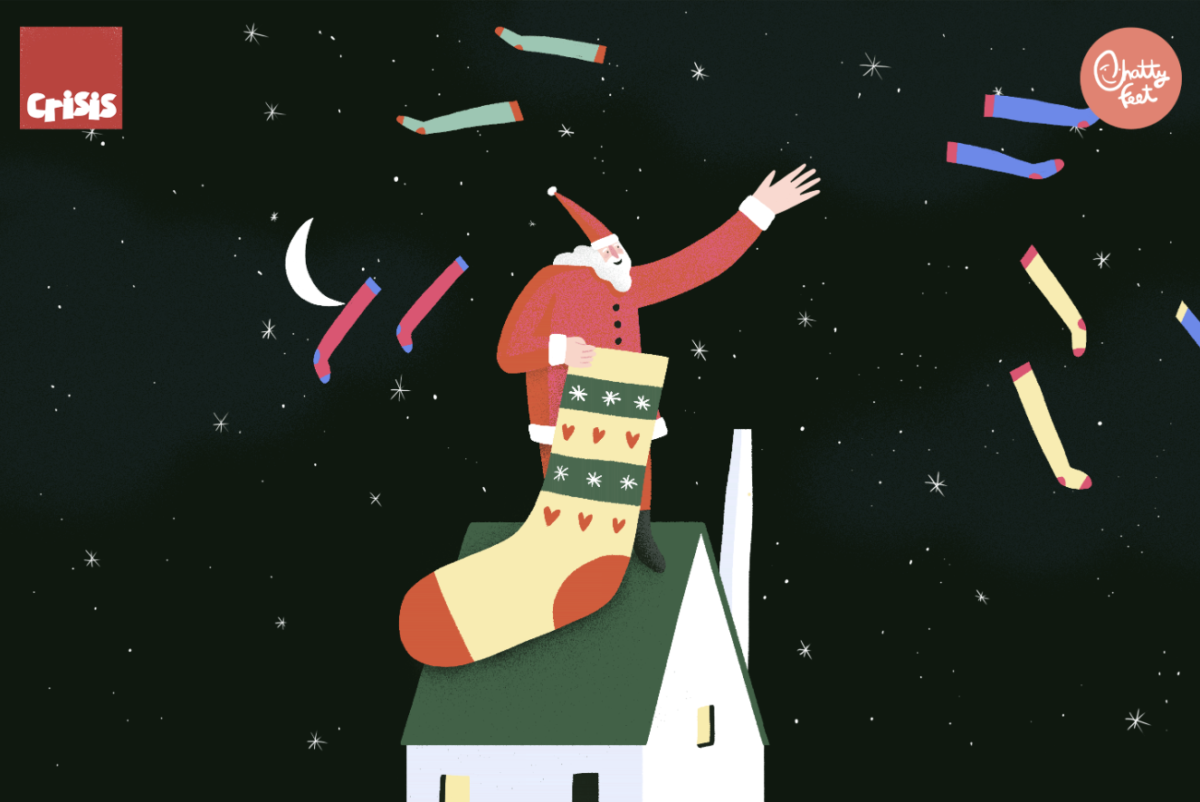 a graphic of santa throwing socks from his stocking
