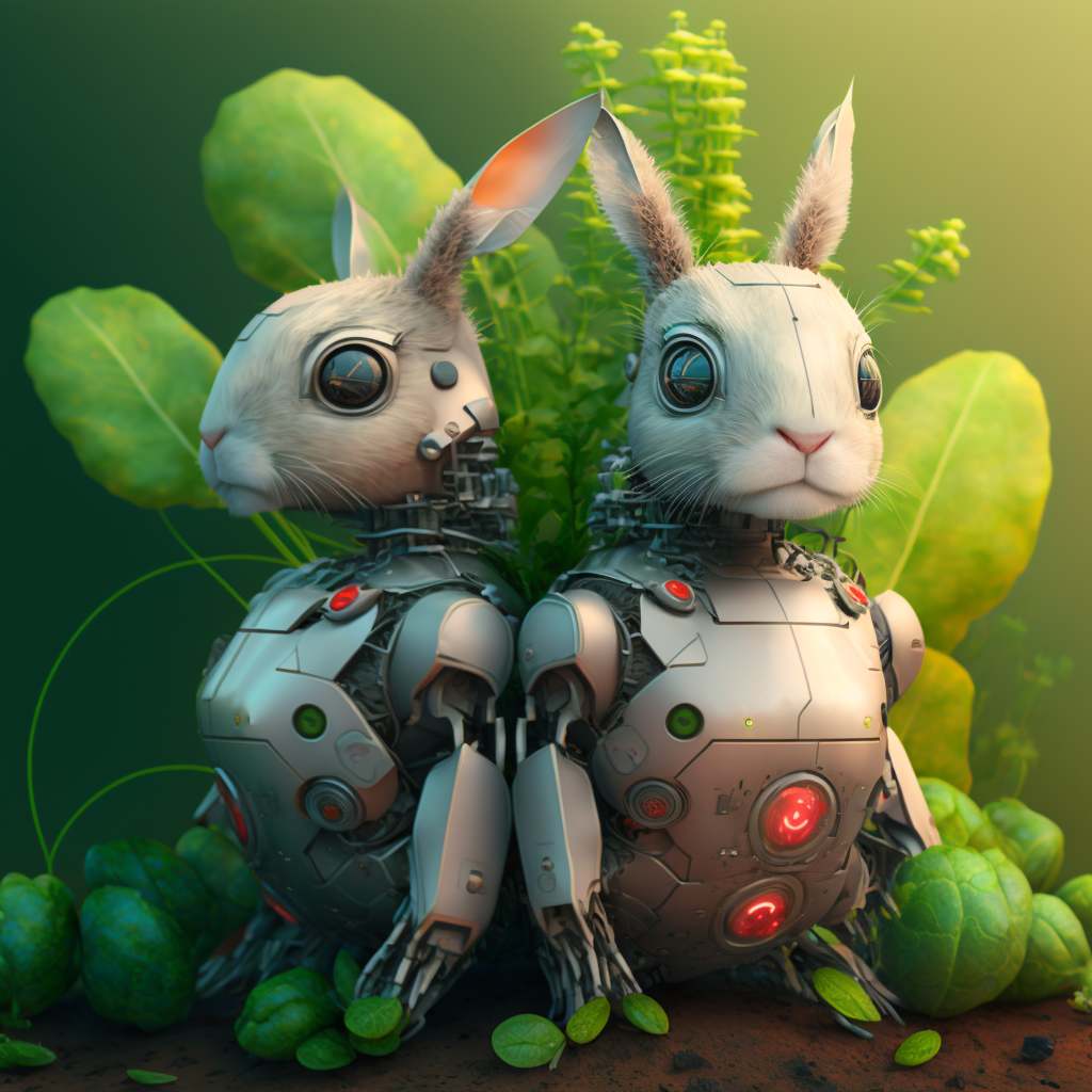 Two AI bunnies - robot-like rabbits, created by Howard Lake using Midjourney.