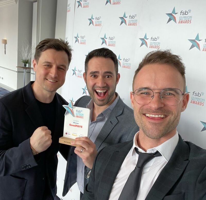 GoodPAYE team – Oliver Shermer, Richard Packman, and Steve Lovell, with their FSB award