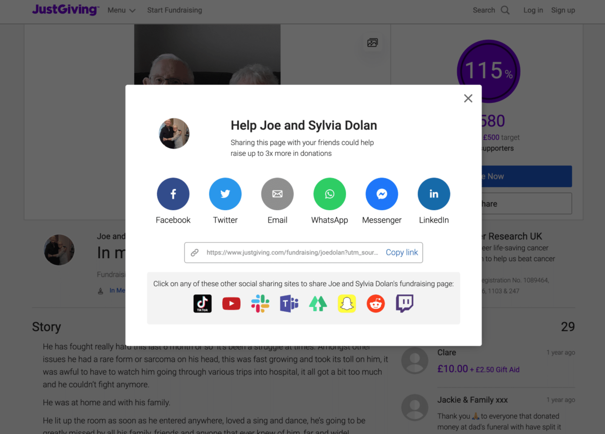 JustGiving's social sharing popover in 2022.
