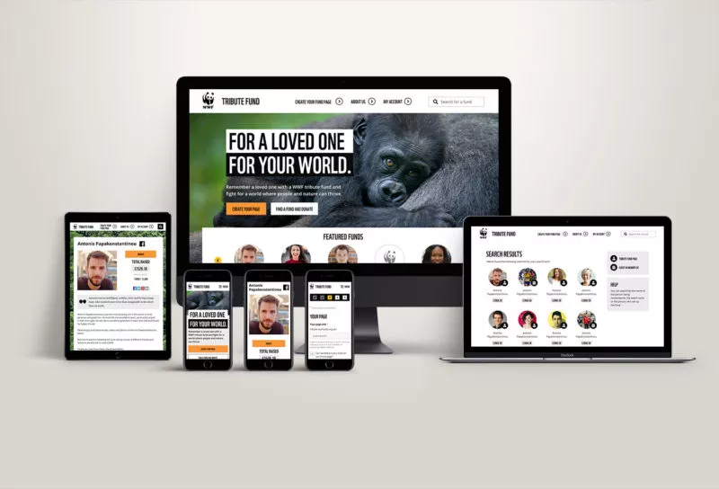 Phone, desktop and tablet representations of WWF's tribute fund raising pages