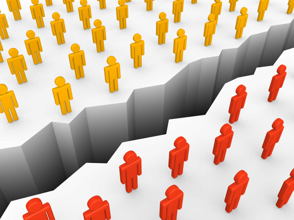 Two groups of figures (red vs yellows) stand beside a chasm