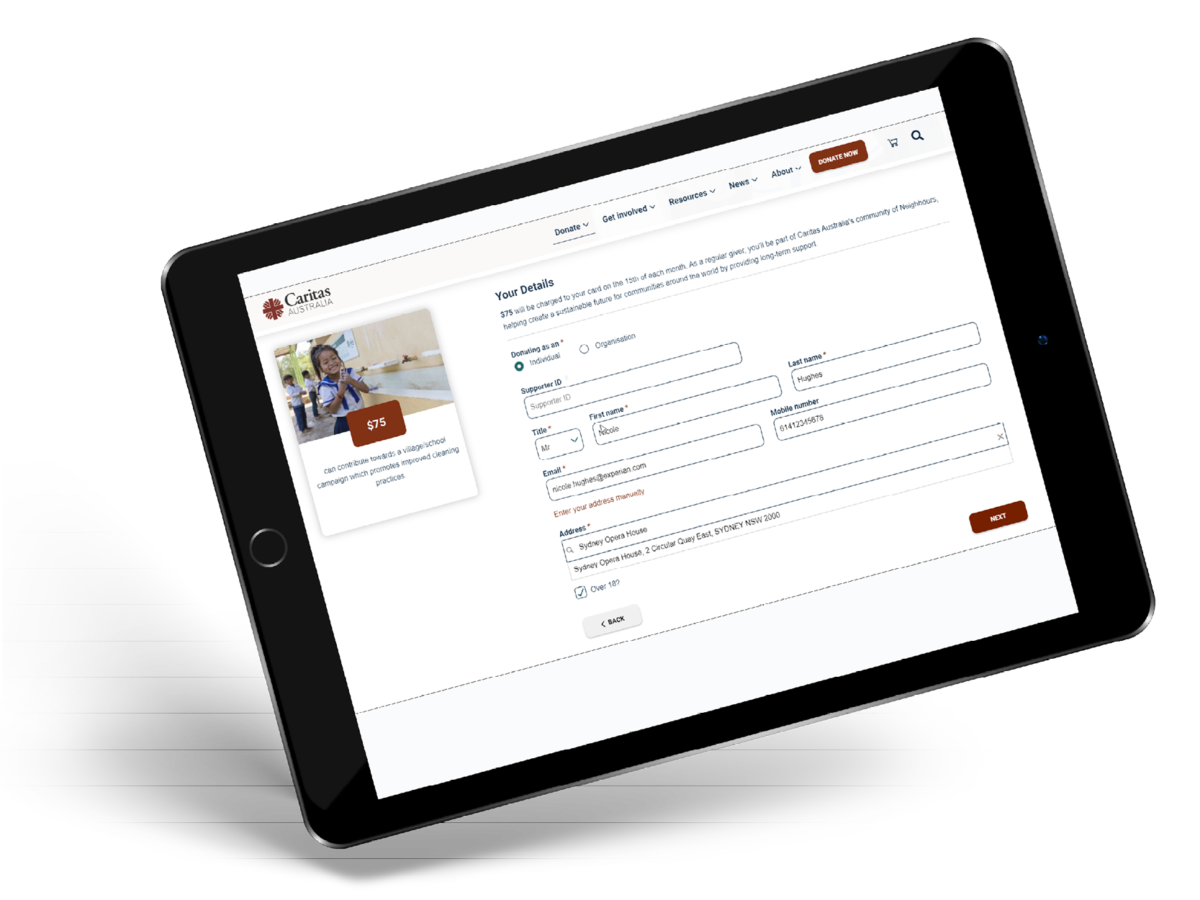 Caritas Australia mobile tablet for capturing donor contact details.