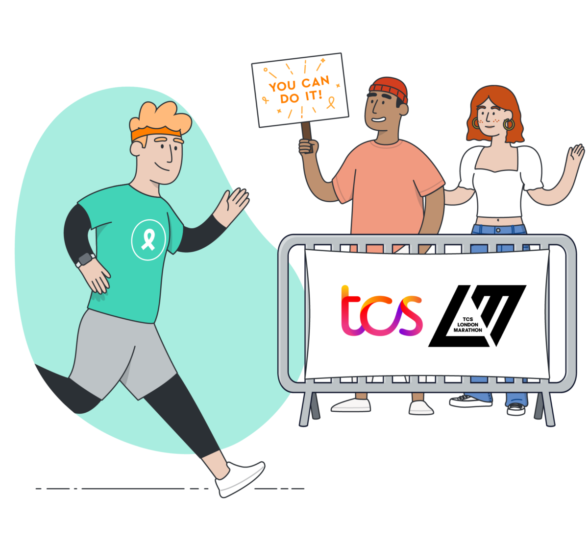 an illustration showing a man and a woman cheering on a runner in the TCS London Marathon. From Enthuse