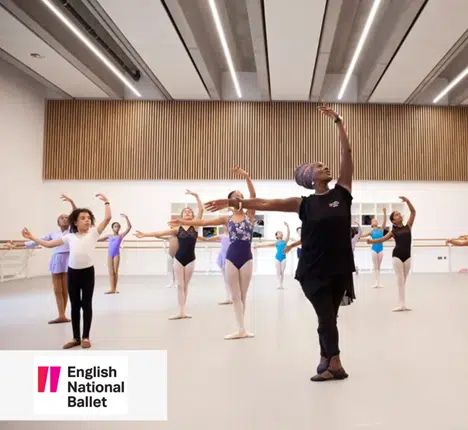 An English National Ballet class with a woman teaching children