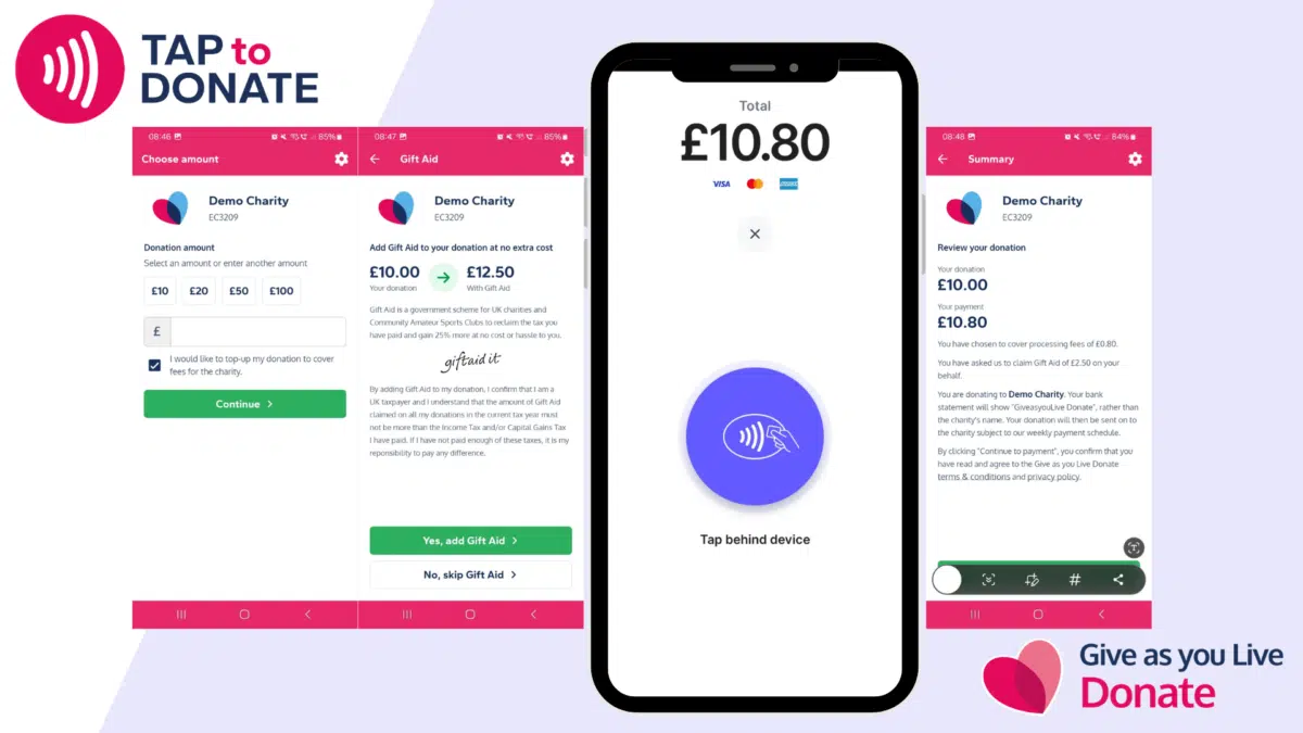Illlustration showing the stages/screens of the giving process on the Tap to Donate app from Give as you Live Donate.