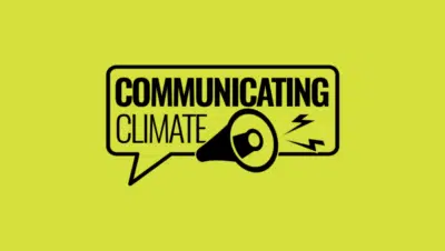 Communicating Climate logo, including an illustration of a megaphone, all within a speech bubble. The plain background is lime.