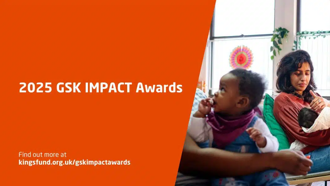 2025 GSK IMPACT Awards. Image shows a woman and baby on a green sofa, and to the left a woman and young child.