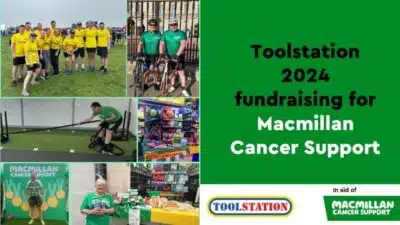 Toolstation 2024 fundraising for Macmillan Cancer Support. Both organisations' logos in the bottom right. To the left are seven photos illustrating different fundraising activities in the partnership.