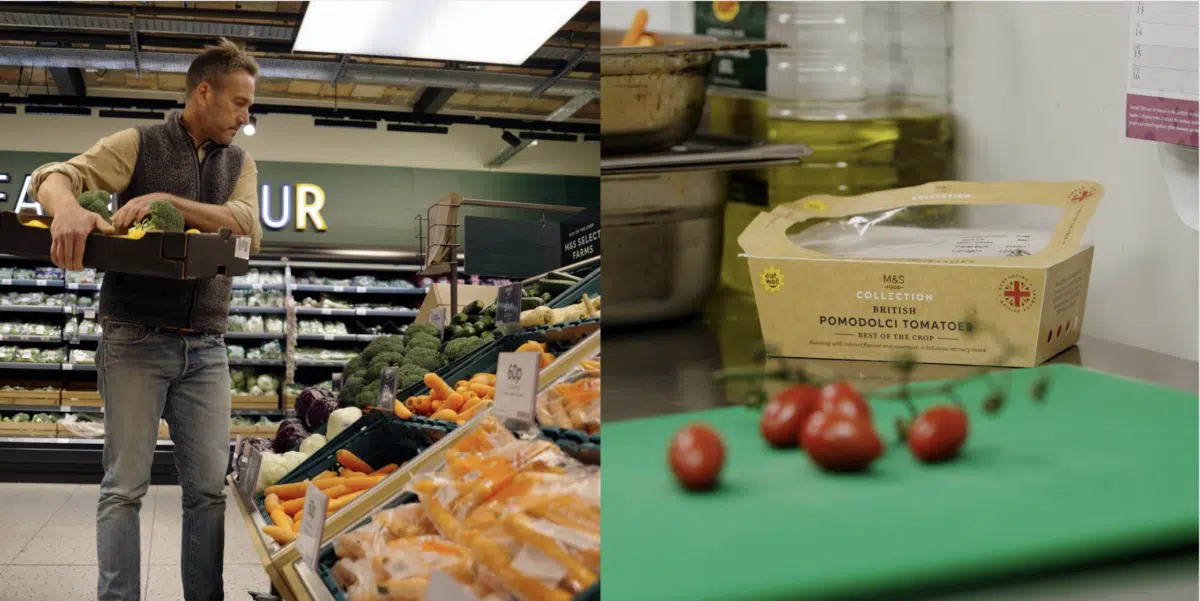 Two images side by side - a M&S Food worker selecting food on shelves, and loose tomatoes in front of a M&S punnet of tomatoes.