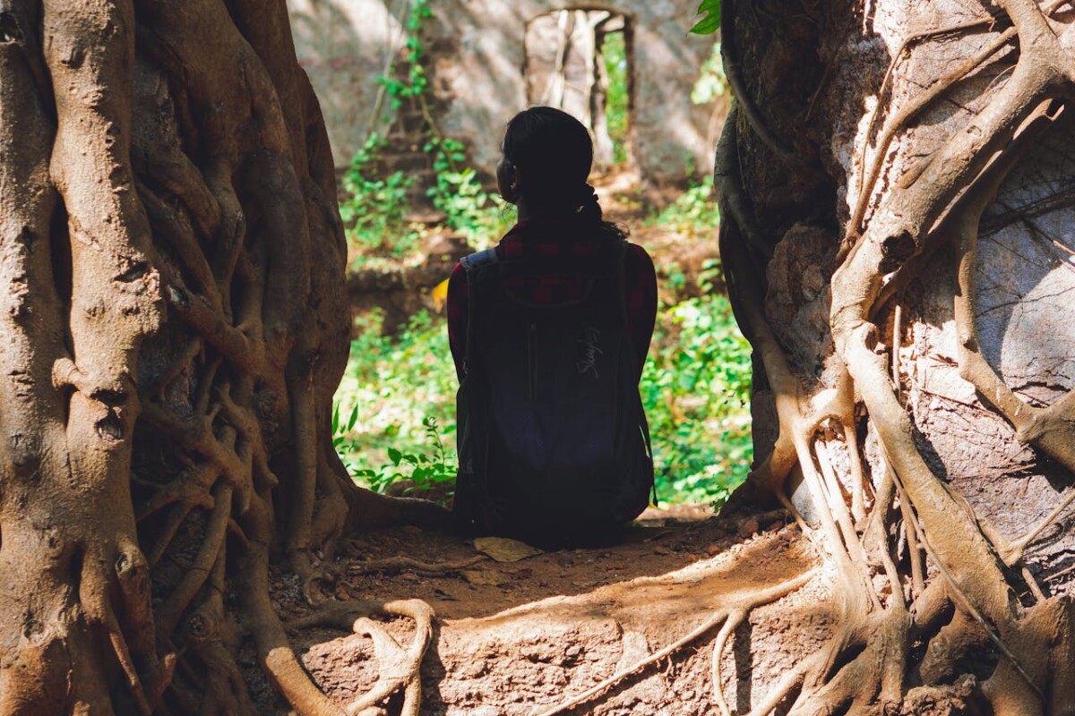 A young woman sits in the shadow of tree trunks on roots.