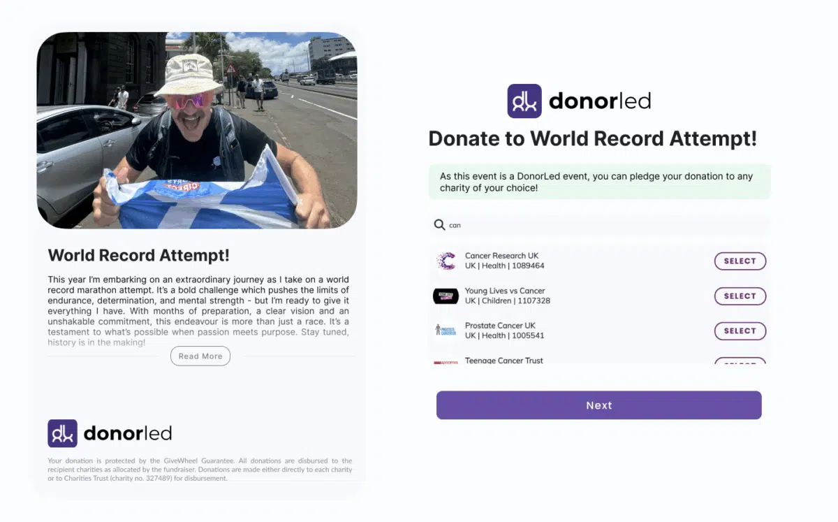 DonorLed fundraising campaign example, showing multi-charity support options