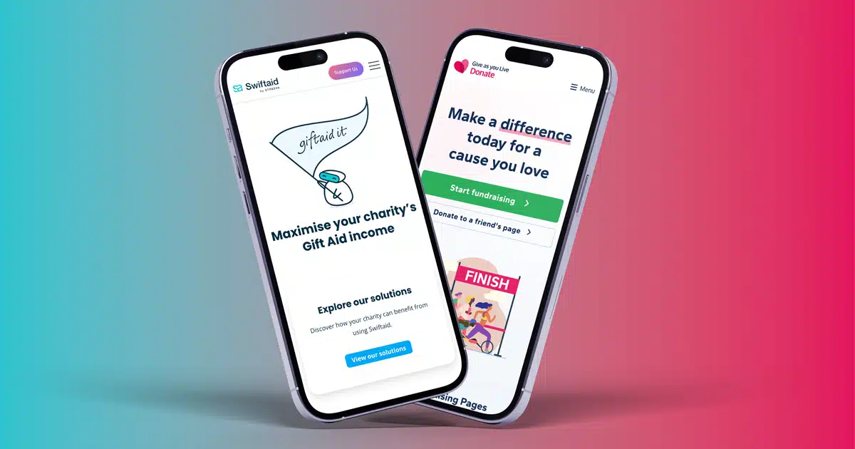Swiftaid's logo and details and those of Give as you live appear on two mobile phone's screens next to each other