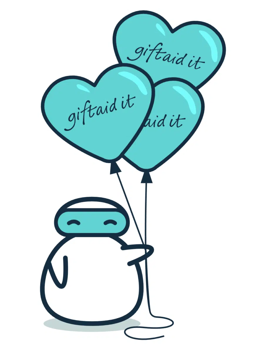 Swifty the robot from Swiftaid with three Gift Aid It balloons