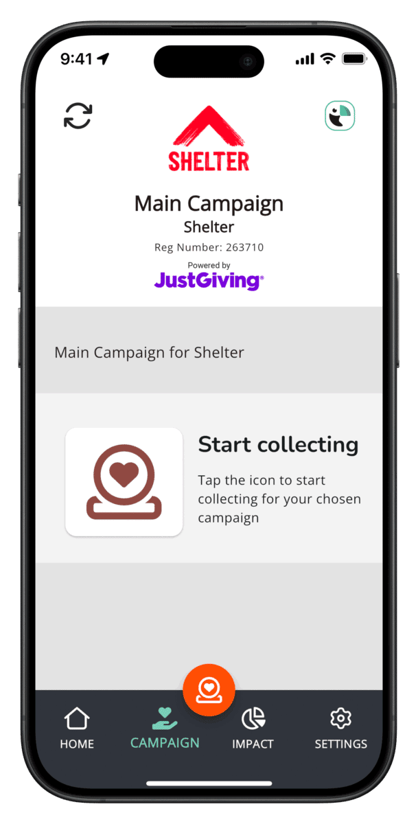 Start collecting page of the Shelter campaign on JustGiving in partnership with Toucan Collect