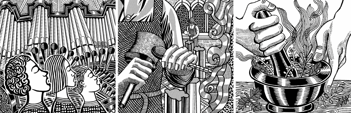 Black and white illustrations indicating singing, heritage and health, the three focus areas of The Vinehill Trust.
