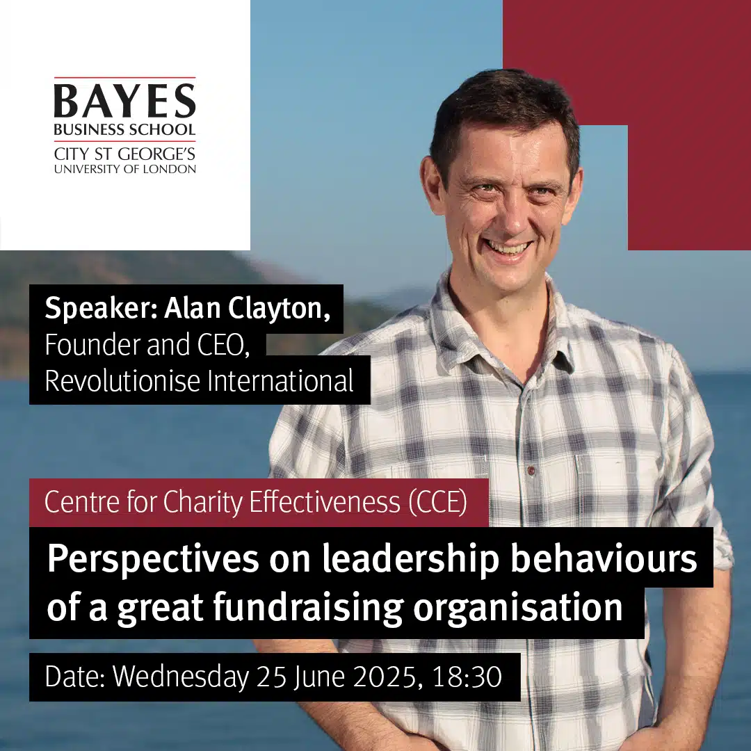 Alan Clayton speaking at Bayes Business School on 'Perspectives on leadership behaviours of a great fundraising organistion"