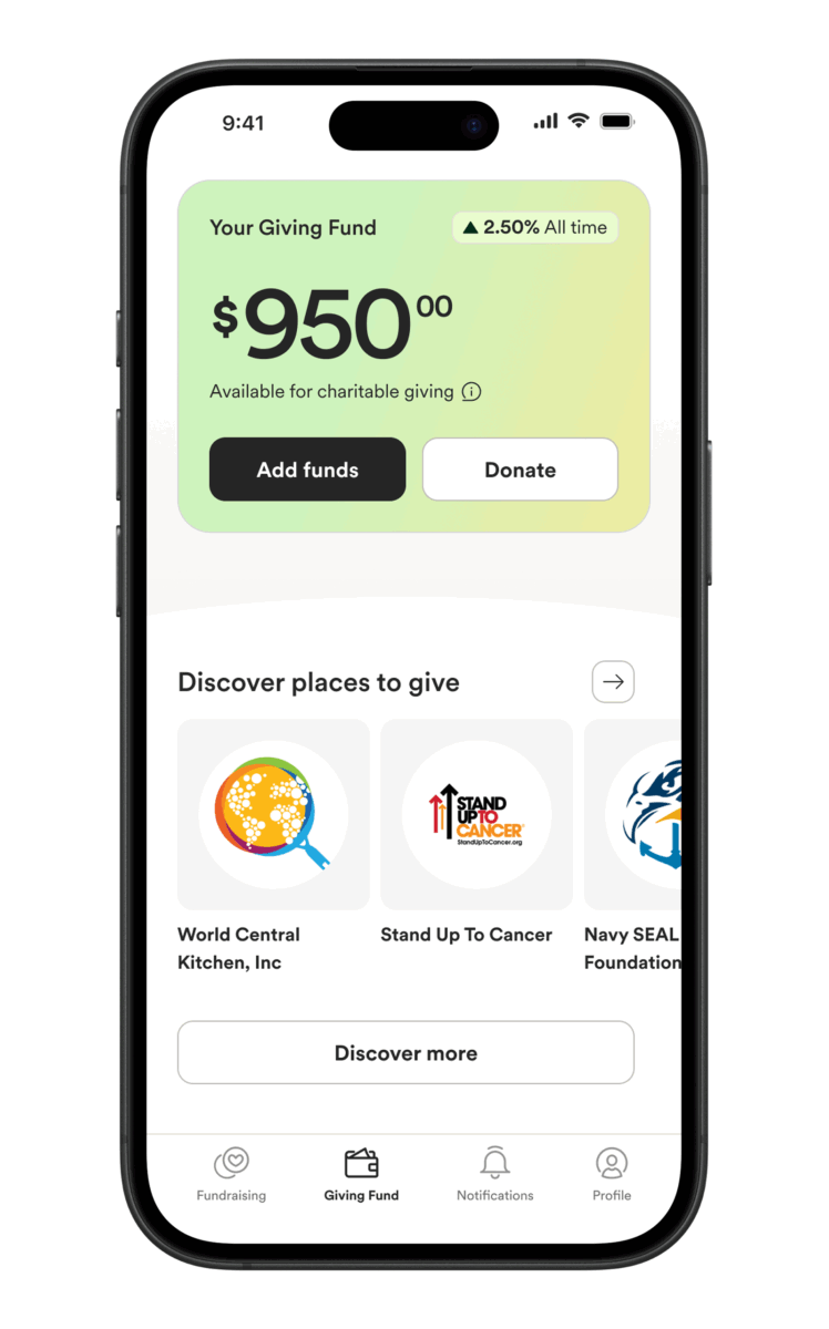 GoFundMe Giving Fund sample page on a mobile phone