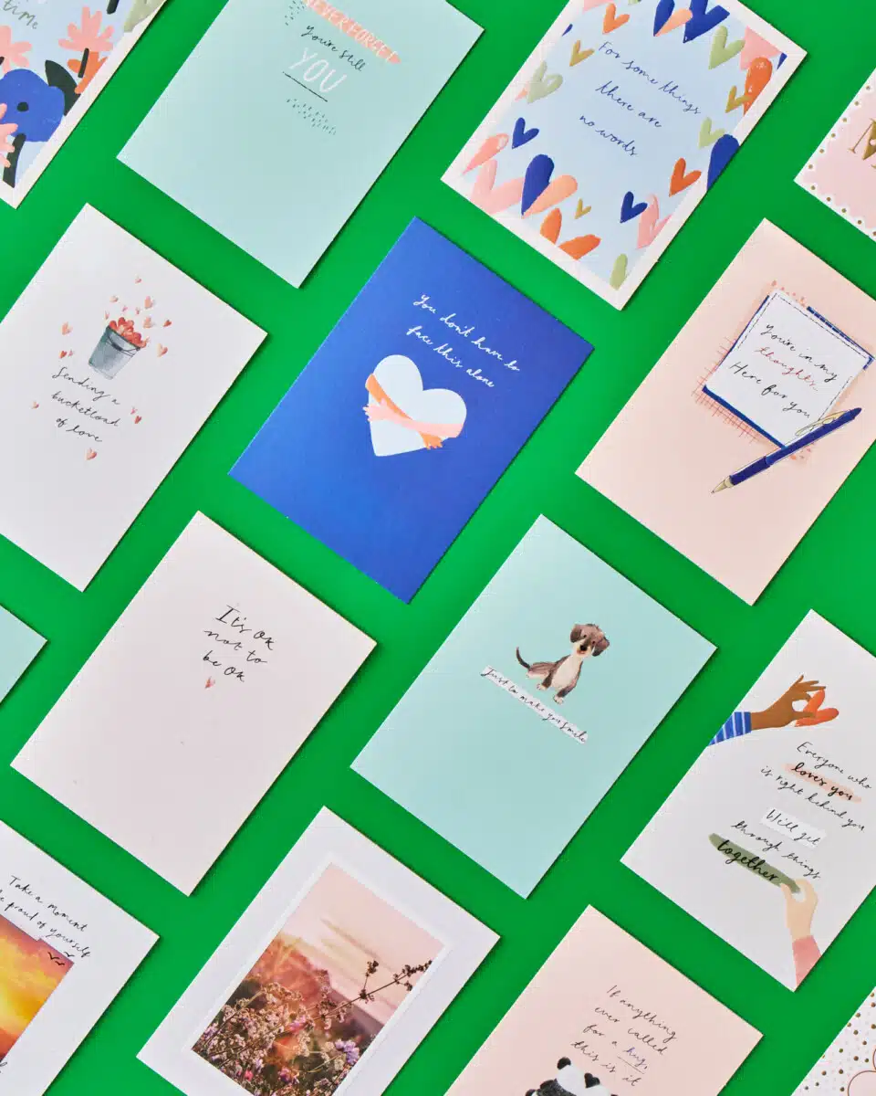 Greetings cards from cardfactory for Macmillan, pictured in a series of columns side-by-side