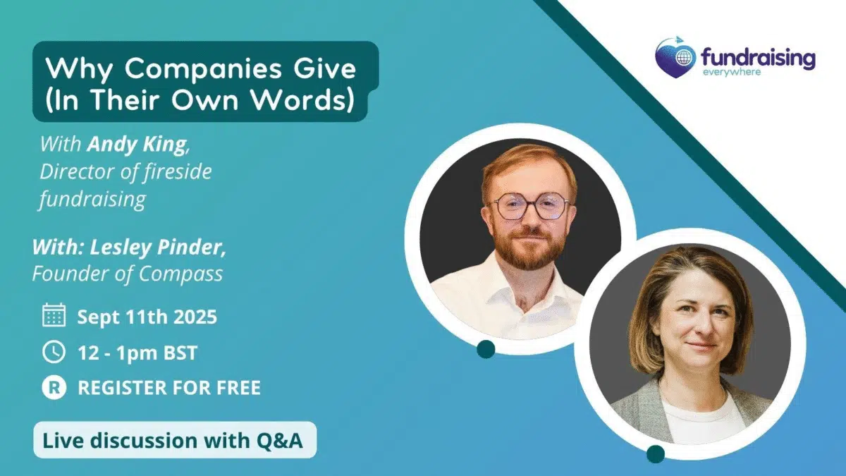 Fundraising Everywhere event details for WHy Companies Give: In their own words. With photos of Andy King and Lesley Pinder, and event timings.
