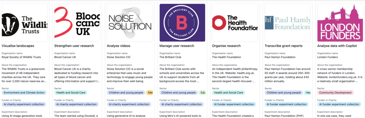 Array of charity logos with details of their AI projects in CAST's AI experiment library.