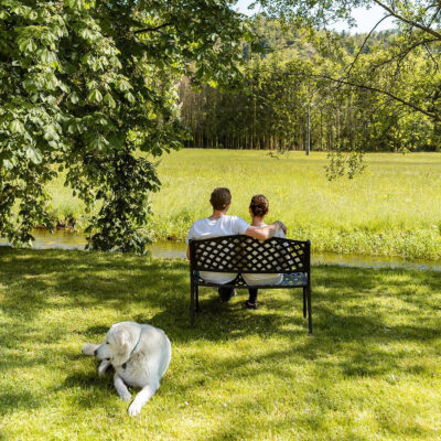 Two people sit on a metal bench in a sunny field or park. A dog lies down in the foreground.