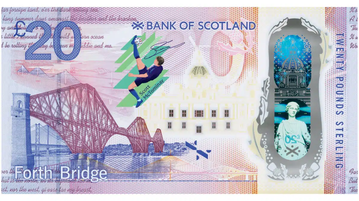 Limited edition Bank of Scotland £20 note featuring footballer Scott McTominay's bicycle kick against the backdrop of the Forth Railway Bridge.