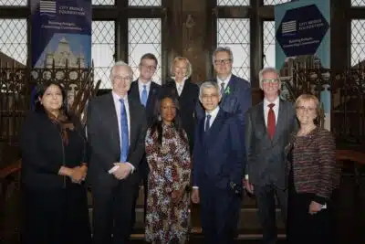 The Mayor of London, Sir Sadiq Khan (centre right) and Deputy Mayor, Communities and Social Justice, Dr Debbie Weekes-Bernard (centre left), with City Bridge Foundation Board Members and Acting Managing Director, Simon Latham.