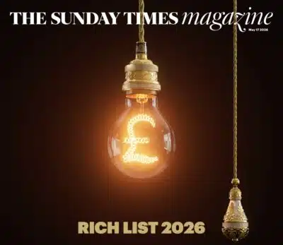 The Sunday Times magazine covering featuring the Rich List 2026. A lighbulb with a glowing pound sign appears next to a light cord, with the text 'will the last billionaire to leave Britain please turn out the lights" (detail)
