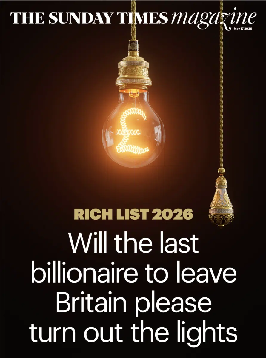 The Sunday Times magazine covering featuring the Rich List 2026. A lighbulb with a glowing pound sign appears next to a light cord, with the text 'will the last billionaire to leave Britain please turn out the lights"