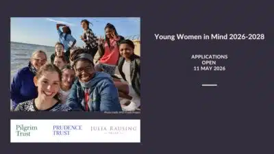 Young Women in Mind fund announcement, with logos of three funders and photo of eight women in a group outside.