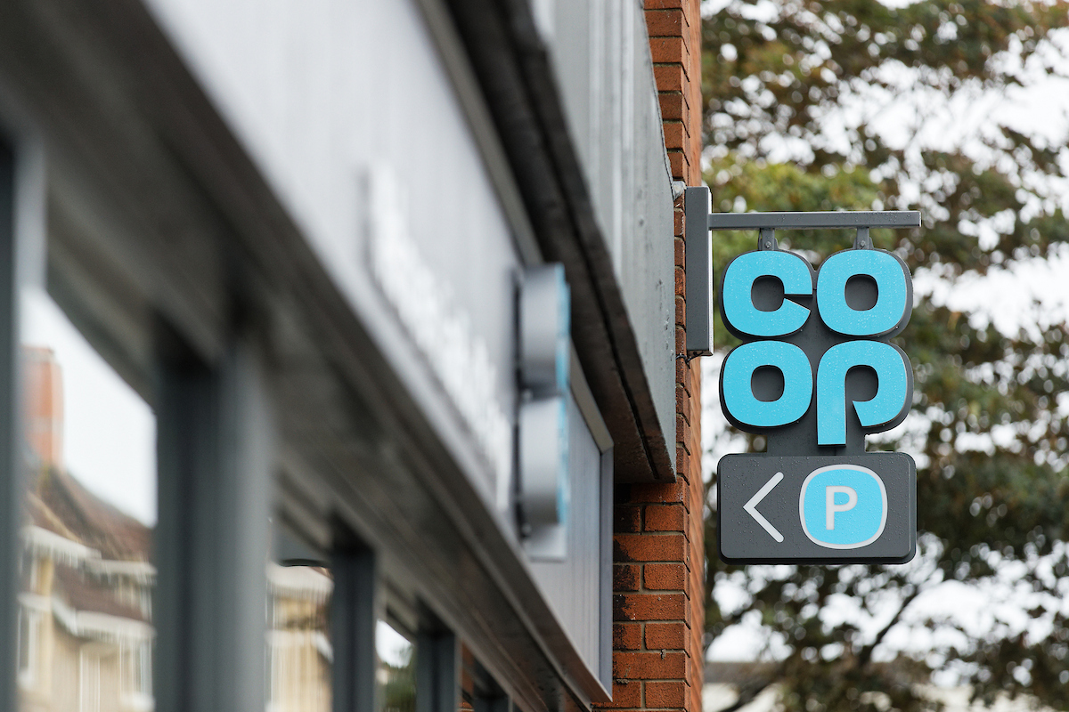 Co-op sign outside the Co-op shop in Porthcawl Wales