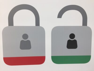 Illustration showing two padlocks with icons of a person on each, one closed with a red line at the bottom, the other open with a green line at the bottom.