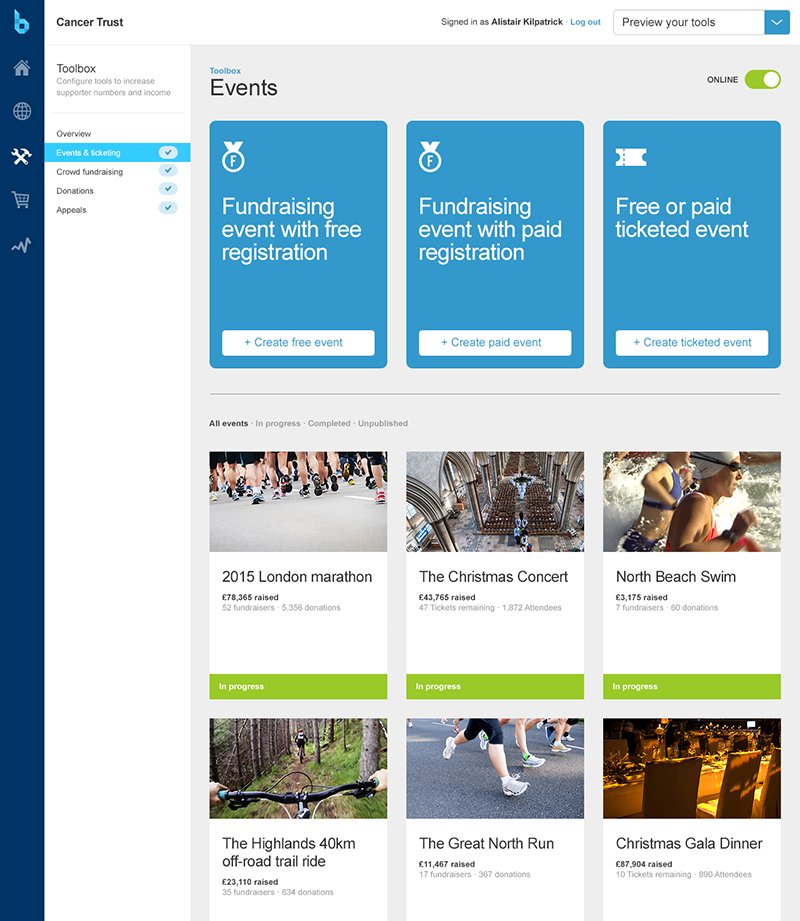 Manage events dashboard on Believe.in